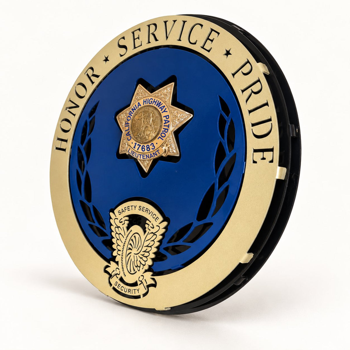 Badge Display CHP (No Bottom Rocker): angled view showing layered construction.