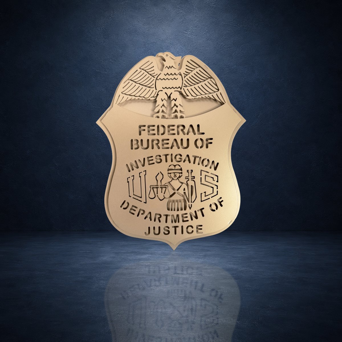 FBI badge against a dark blue studio background, FBI Federal Bureau of Investigation Badge Sign by IRONiNK.