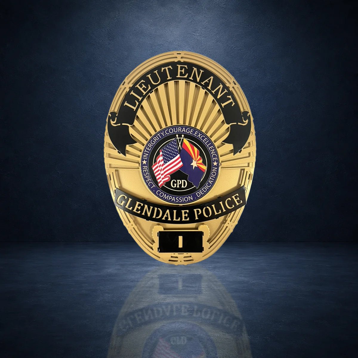 Lieutenant badge against a dark blue studio background, Glendale Police Department (AZ) by IRONiNK.