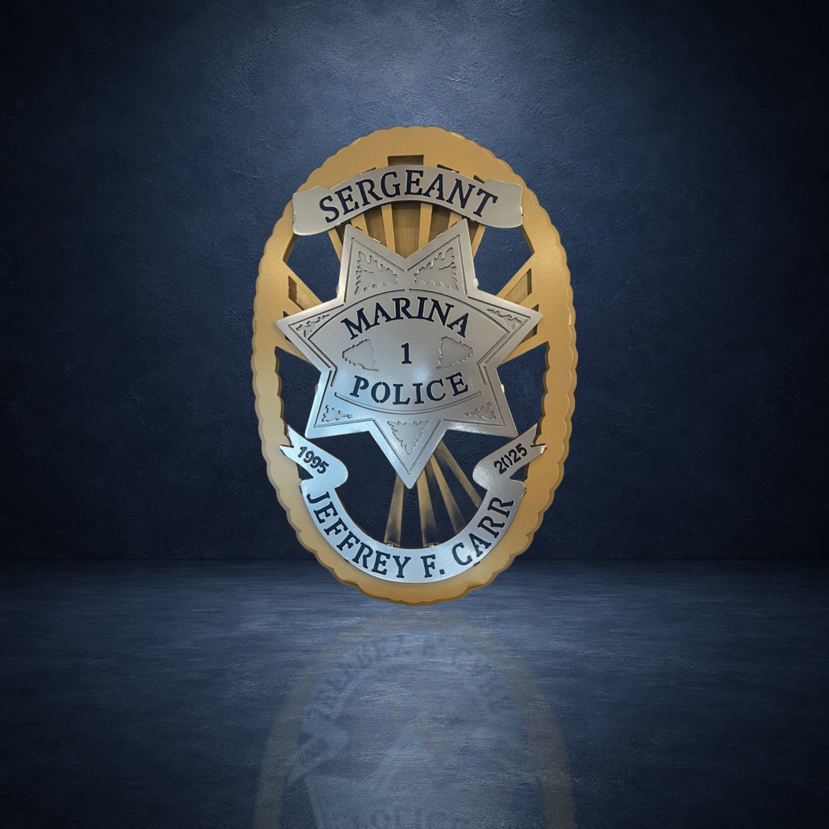 Sergeant badge against a dark blue studio background, Marina Police Department by IRONiNK.