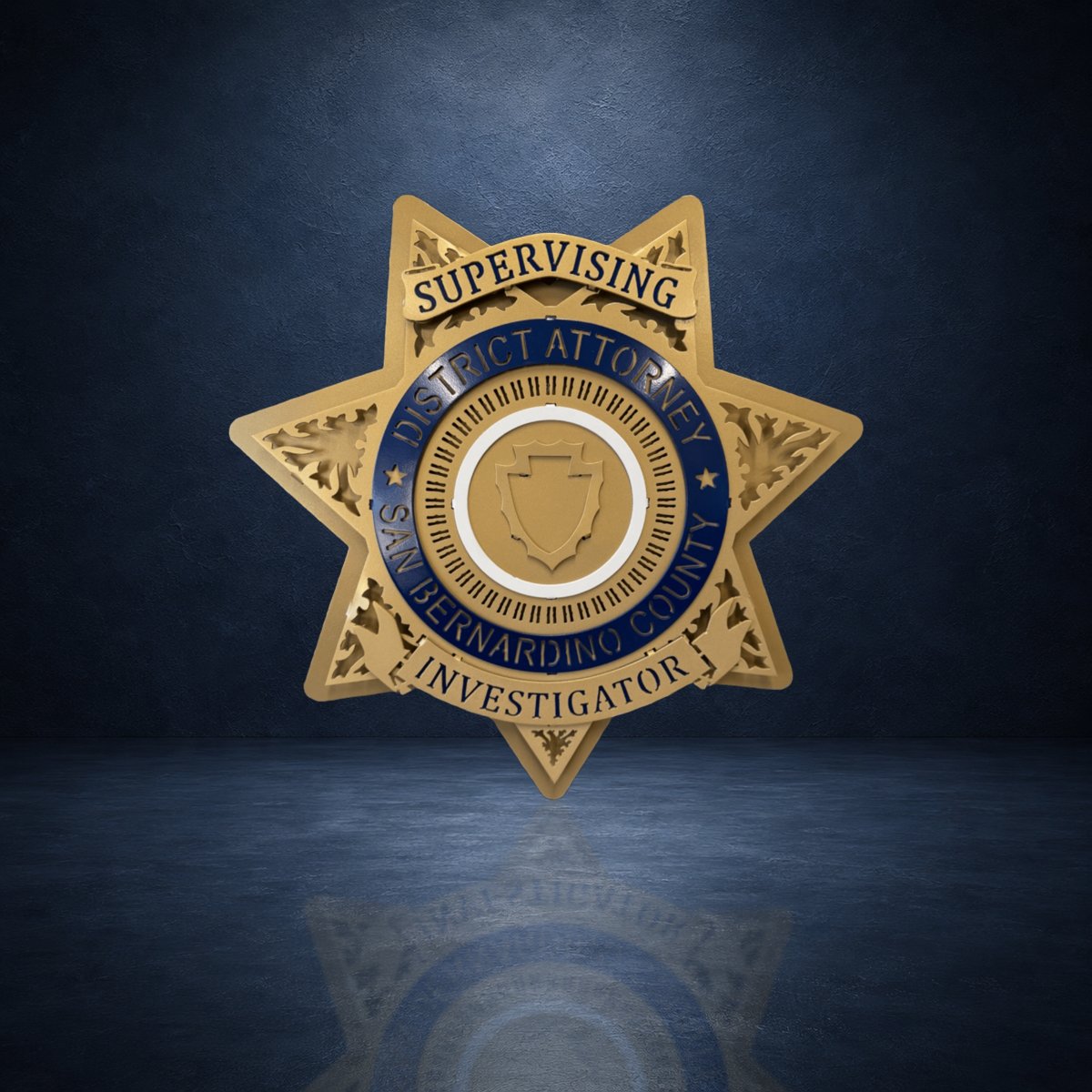 Investigator star against a dark blue studio background, San Bernardino County DA Star by IRONiNK.
