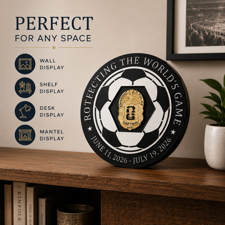 Black and white soccer-ball badge display reading Protecting the World’s Game, June 11 to July 19, 2026, holding a gold police captain badge