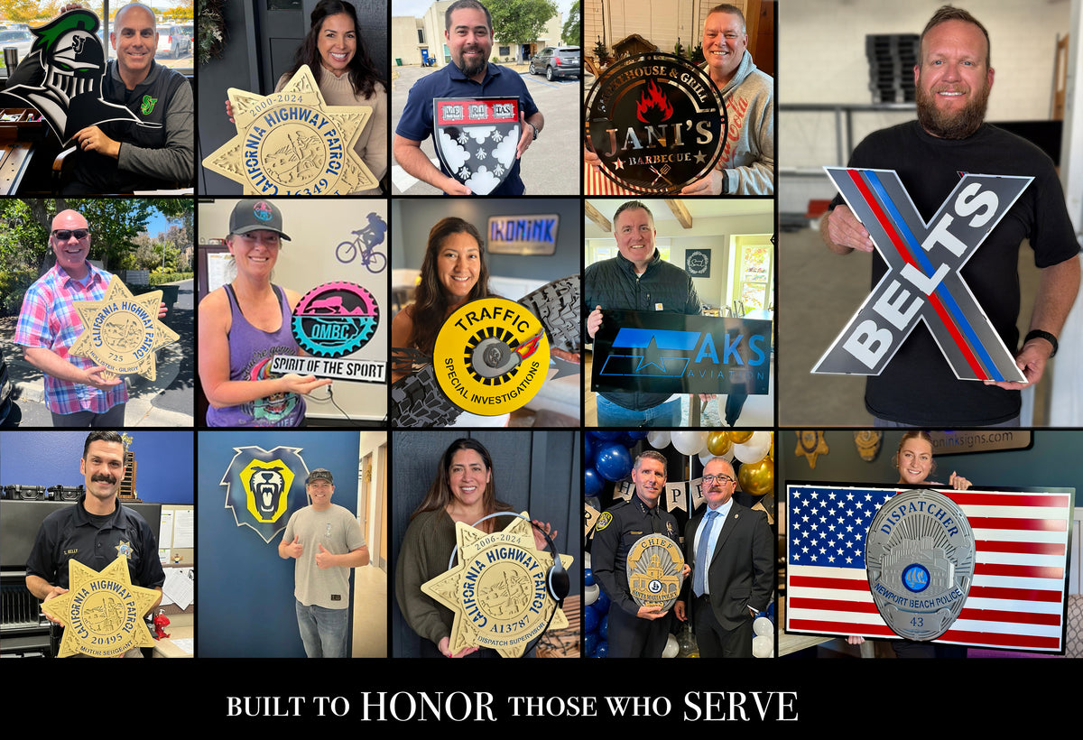Collage of IRONiNK customers and officers holding their custom metal badge and sign displays