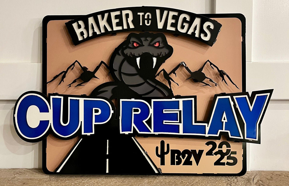Close-up of Cup Relay lettering and event details, Baker to Vegas Challenge Cup Relay Sign by IRONiNK.