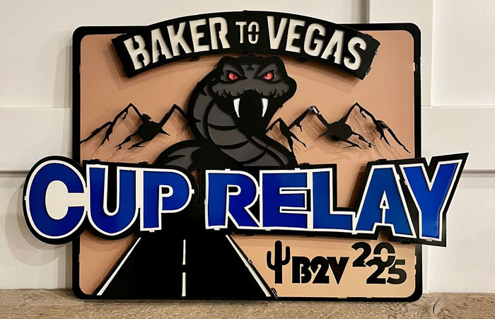 Close-up of Cup Relay lettering and event details, Baker to Vegas Challenge Cup Relay Sign by IRONiNK.