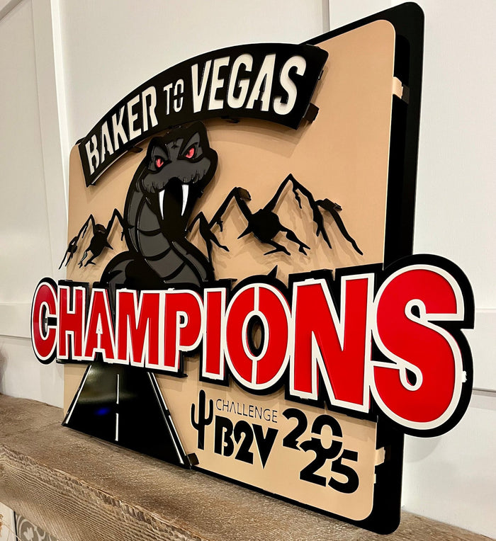 Angled view showing raised runner and lettering, Baker to Vegas Champions Sign by IRONiNK.