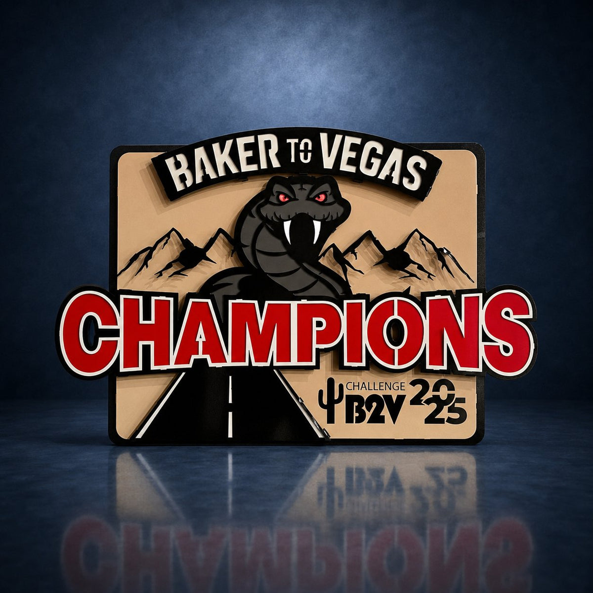 Champions sign against a dark blue studio background, Baker to Vegas Champions Sign by IRONiNK.