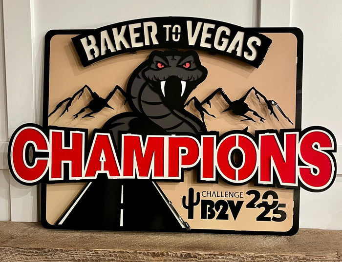 Close-up of Champions lettering and event details, Baker to Vegas Champions Sign by IRONiNK.