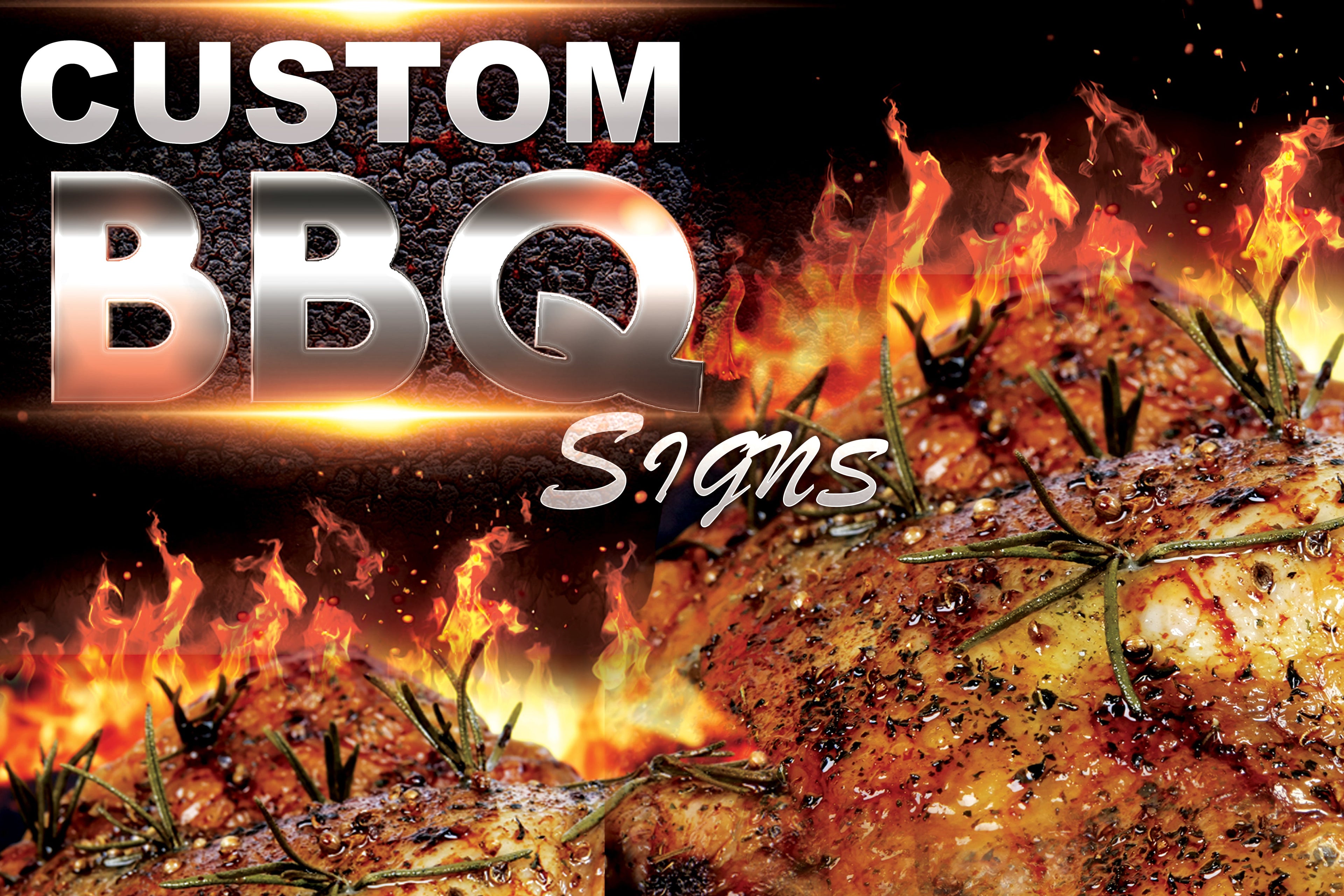 Grilled meat with flames and 'Custom BBQ Signs' text