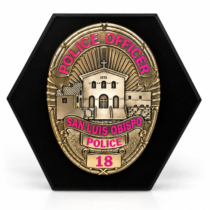 Close-up of a San Luis Obispo Police badge with pink lettering mounted on the black hexagon panel of the awareness display