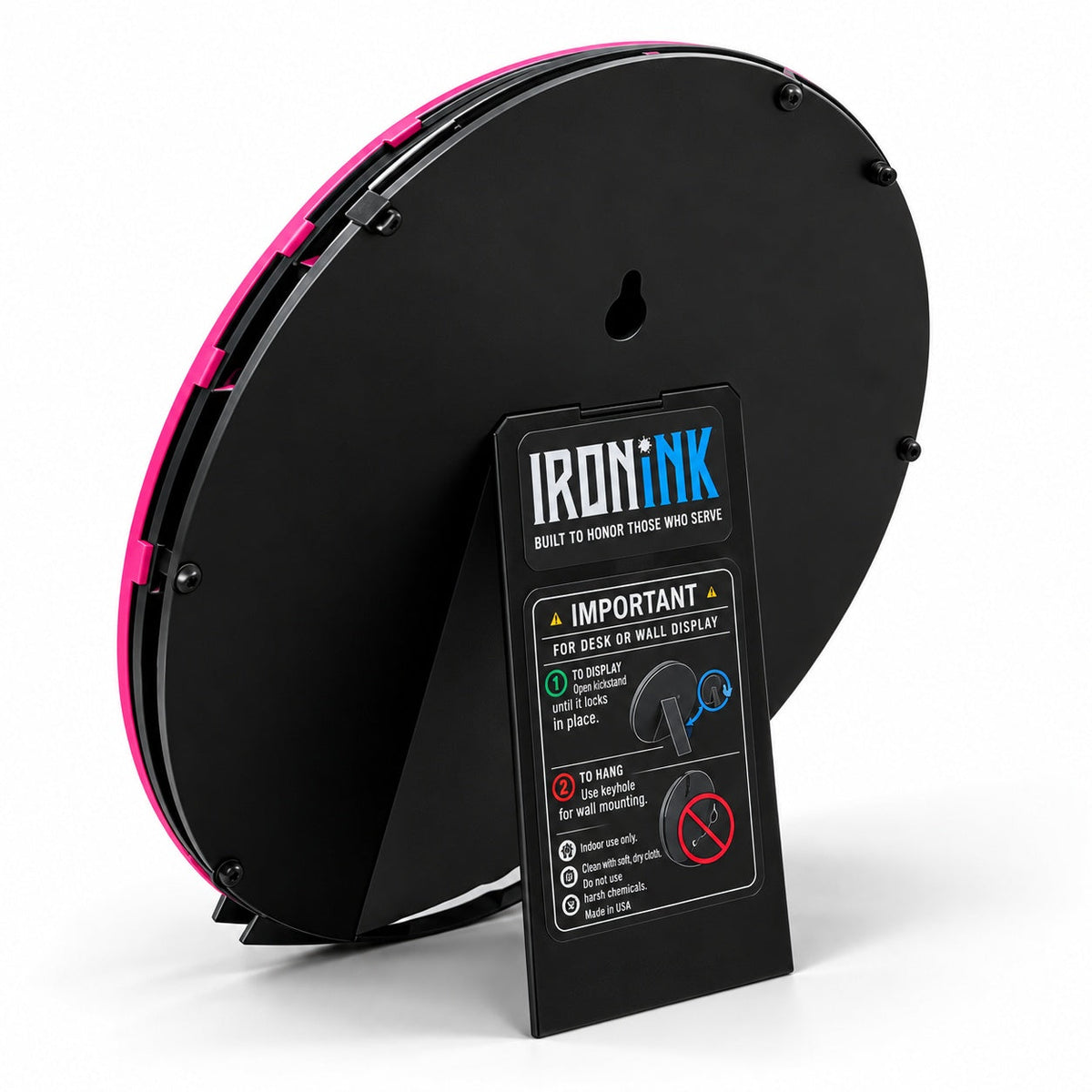 Rear of the awareness display showing the built-in kickstand, wall keyhole and IRONiNK care label