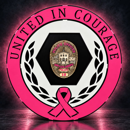 Breast Cancer Awareness badge display with a pink United in Courage band, white laurel and pink ribbon around a San Luis Obispo Police badge on a black hexagon panel, glowing pink on a dark background