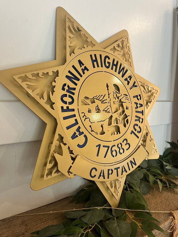 Personalized captain star on a wooden shelf, California Highway Patrol Star by IRONiNK.