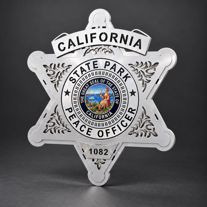 Angled view of the California State Parks Peace Officer star showing its layered silver aluminum construction and cut-out scrollwork