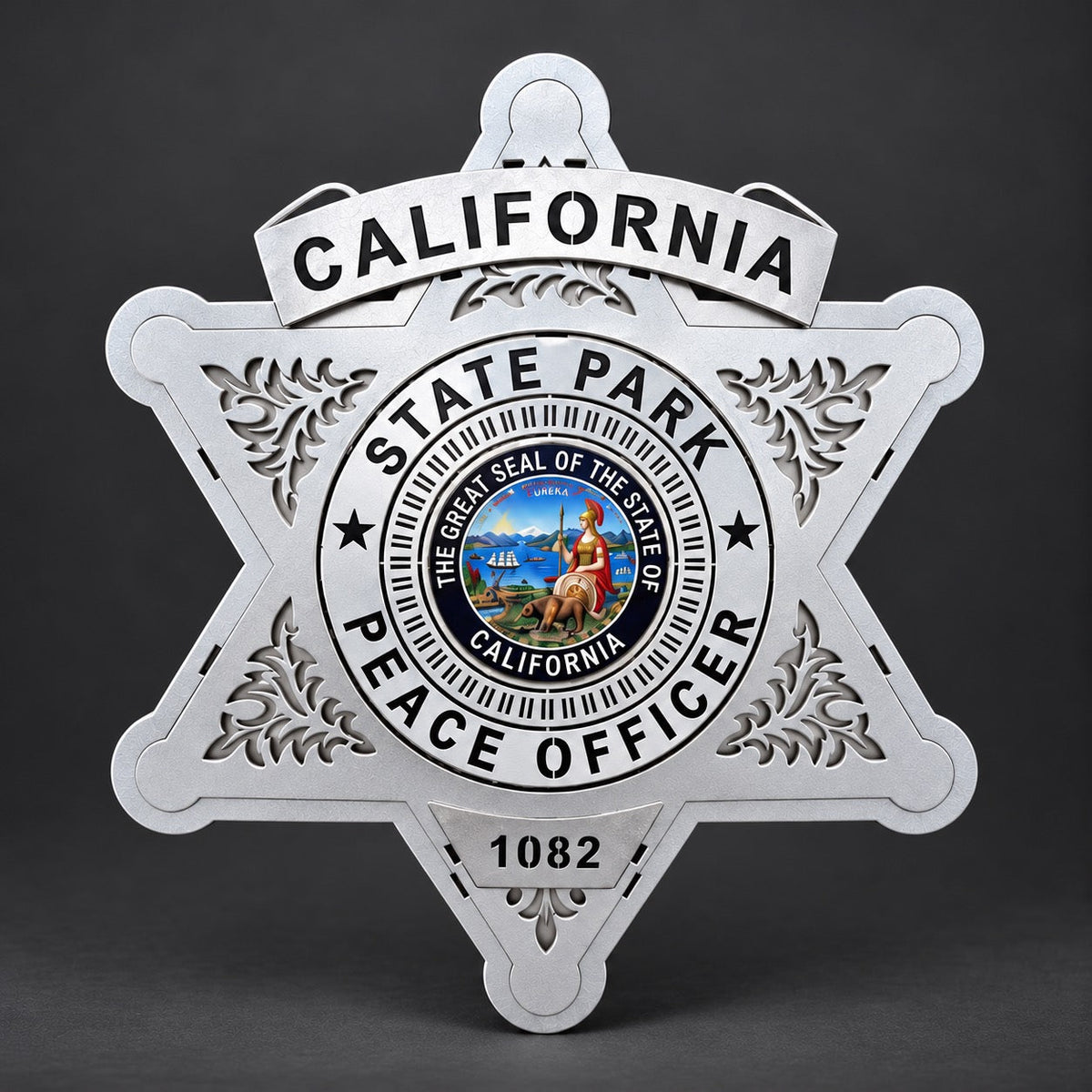 California State Parks Peace Officer star in silver with the California state seal, a CALIFORNIA banner and a badge number, front view