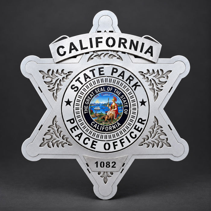 California State Parks Peace Officer star in silver with the California state seal, a CALIFORNIA banner and a badge number, front view
