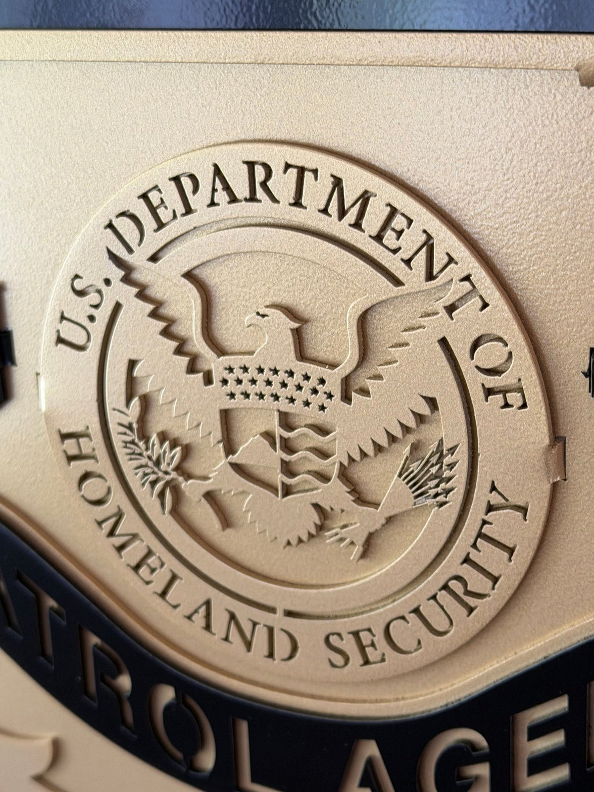 Close-up of Department of Homeland Security seal, CBP U.S. Border Patrol Custom Metal Badge Sign by IRONiNK.