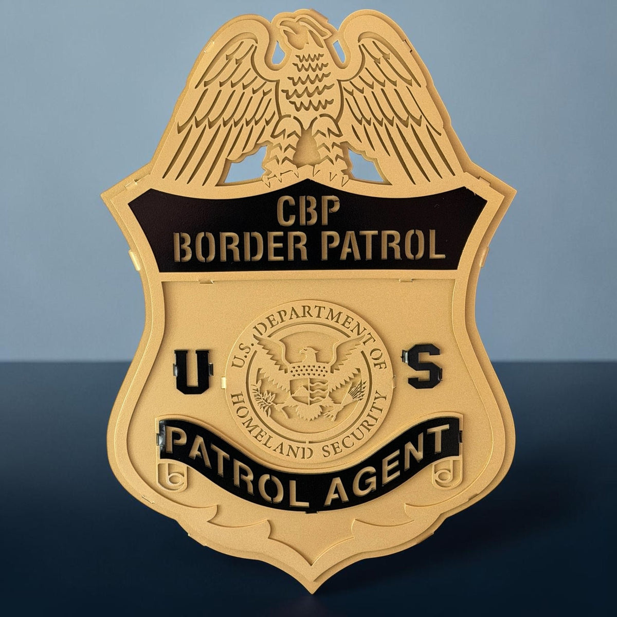 Front view of gold badge lettering, CBP U.S. Border Patrol Custom Metal Badge Sign by IRONiNK.