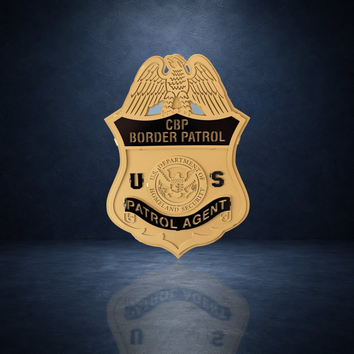 Gold badge against a dark blue studio background, CBP U.S. Border Patrol Custom Metal Badge Sign by IRONiNK.