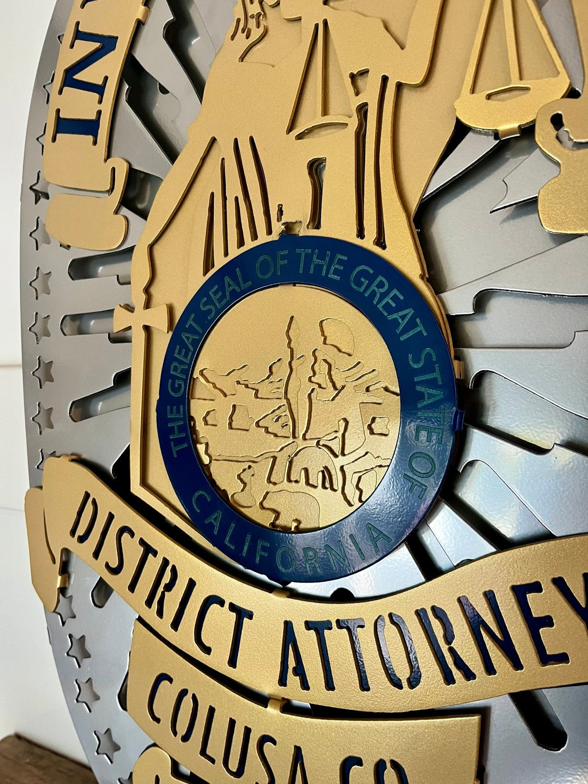 Close-up of California seal and raised lettering, Colusa County DA Investigations by IRONiNK.