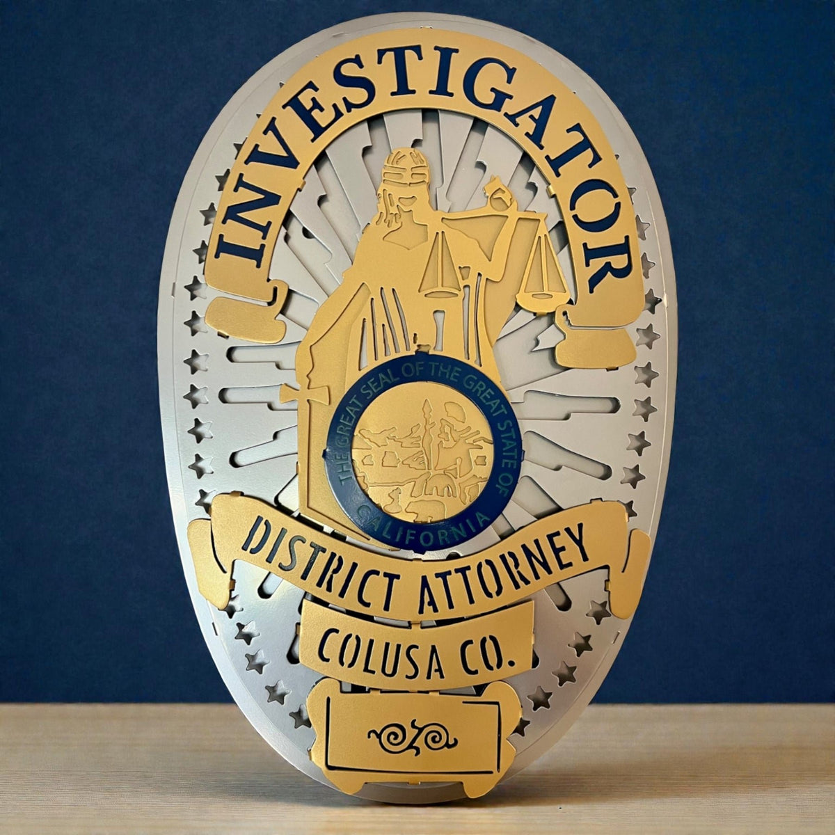 Front view of investigator lettering and California seal, Colusa County DA Investigations by IRONiNK.