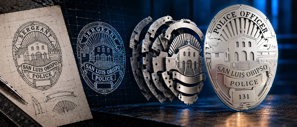 Custom badge process: a design sketch, digital artwork, layered aluminum parts and the finished San Luis Obispo Police badge display