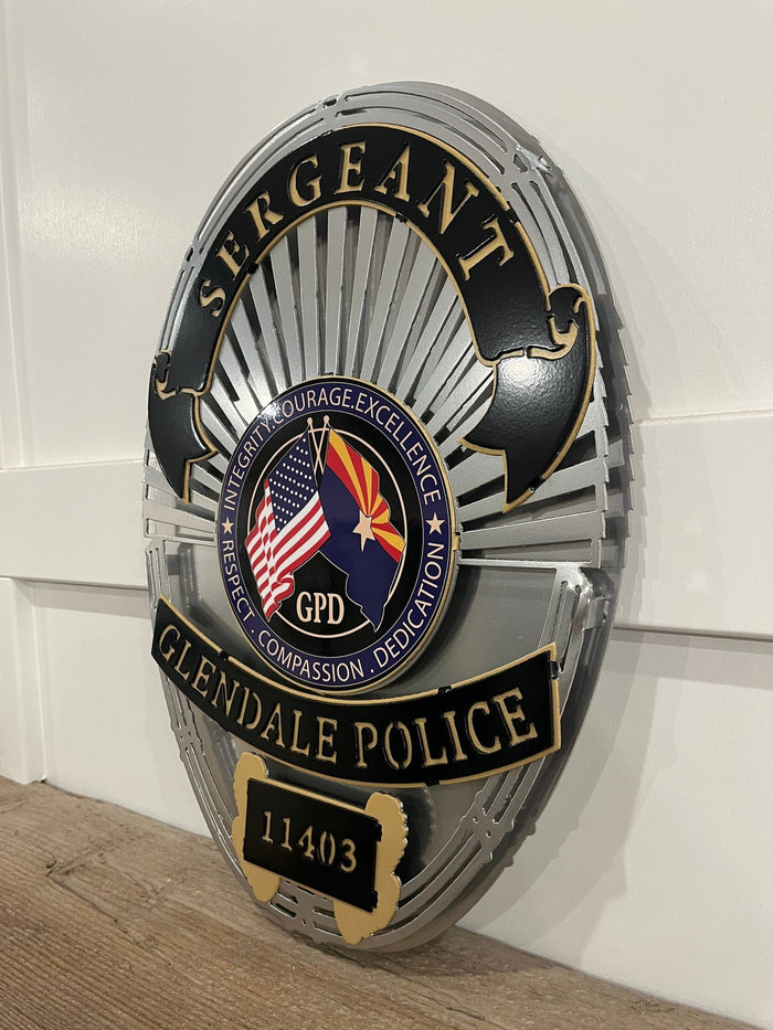 Angled view of silver sergeant badge, Glendale Police Department (AZ) by IRONiNK.
