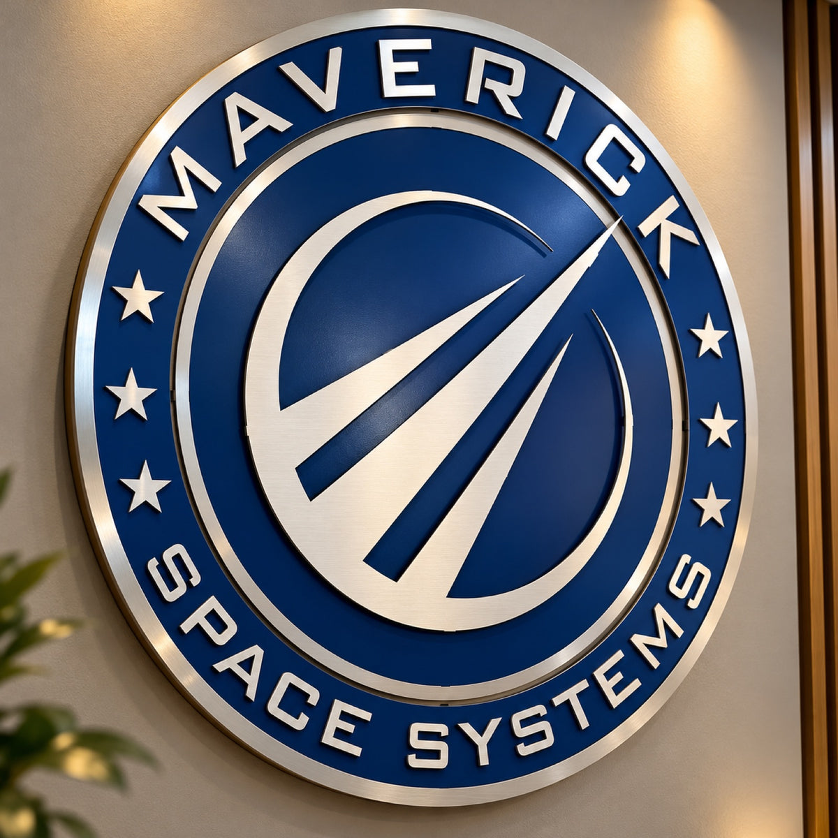 Round dimensional metal sign for Maverick Space Systems with a brushed metal ring, raised stars and lettering, and a layered emblem on a blue field