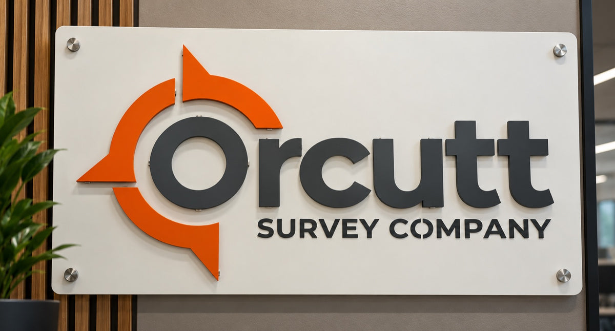 Orcutt Survey Company dimensional logo sign with orange and charcoal layered aluminum on a white panel