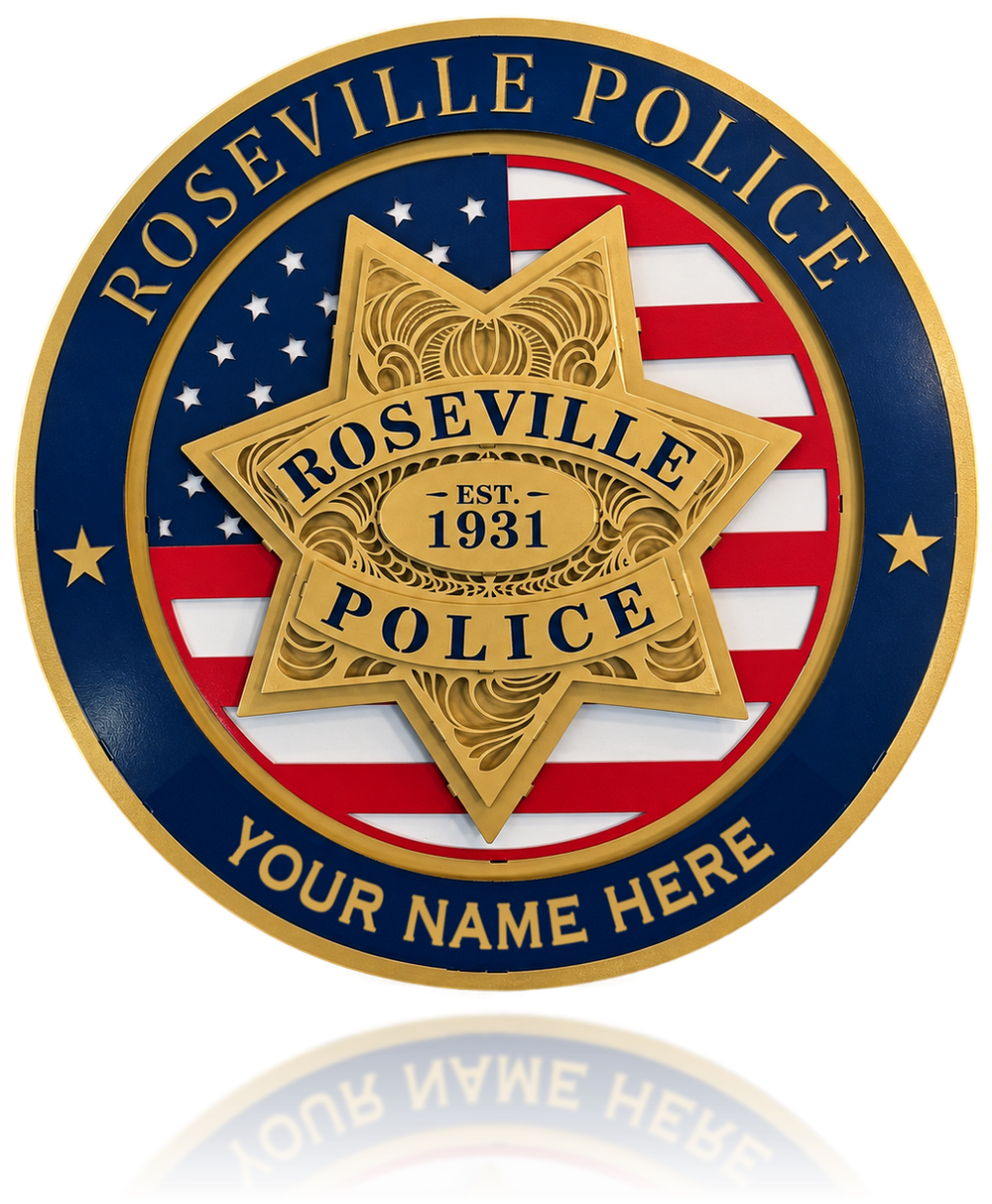 Roseville Police tribute sign with American flag and gold star, handcrafted by IRONiNK