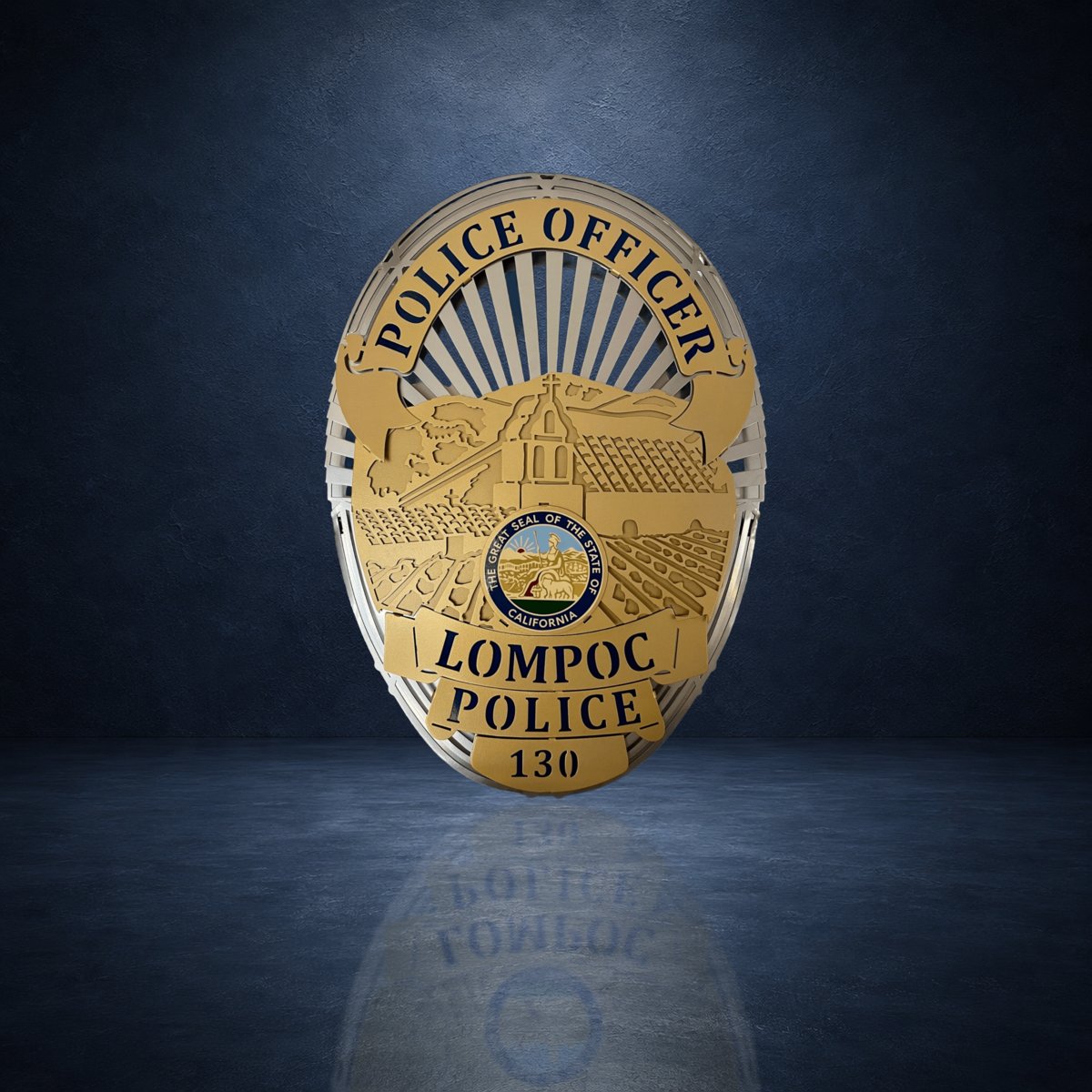 Badge against a dark blue studio background, Lompoc Police Department by IRONiNK.