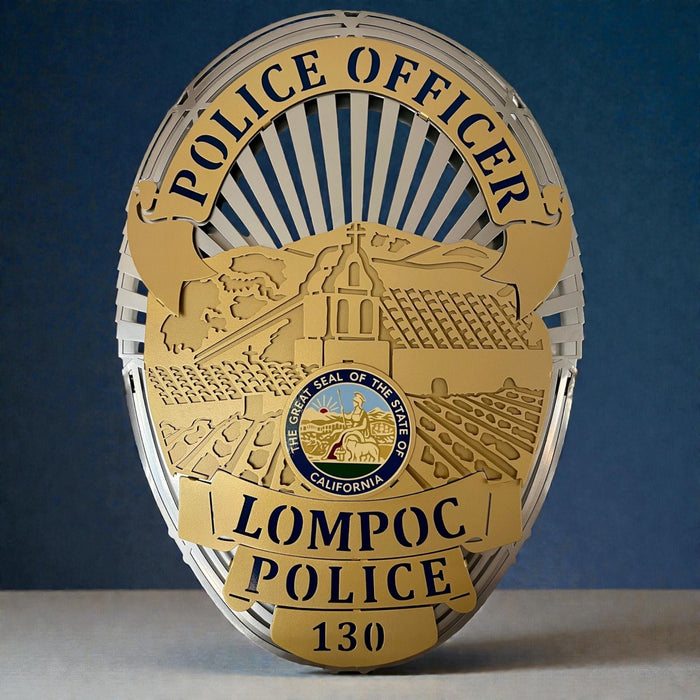Close-up of city seal and badge lettering, Lompoc Police Department by IRONiNK.
