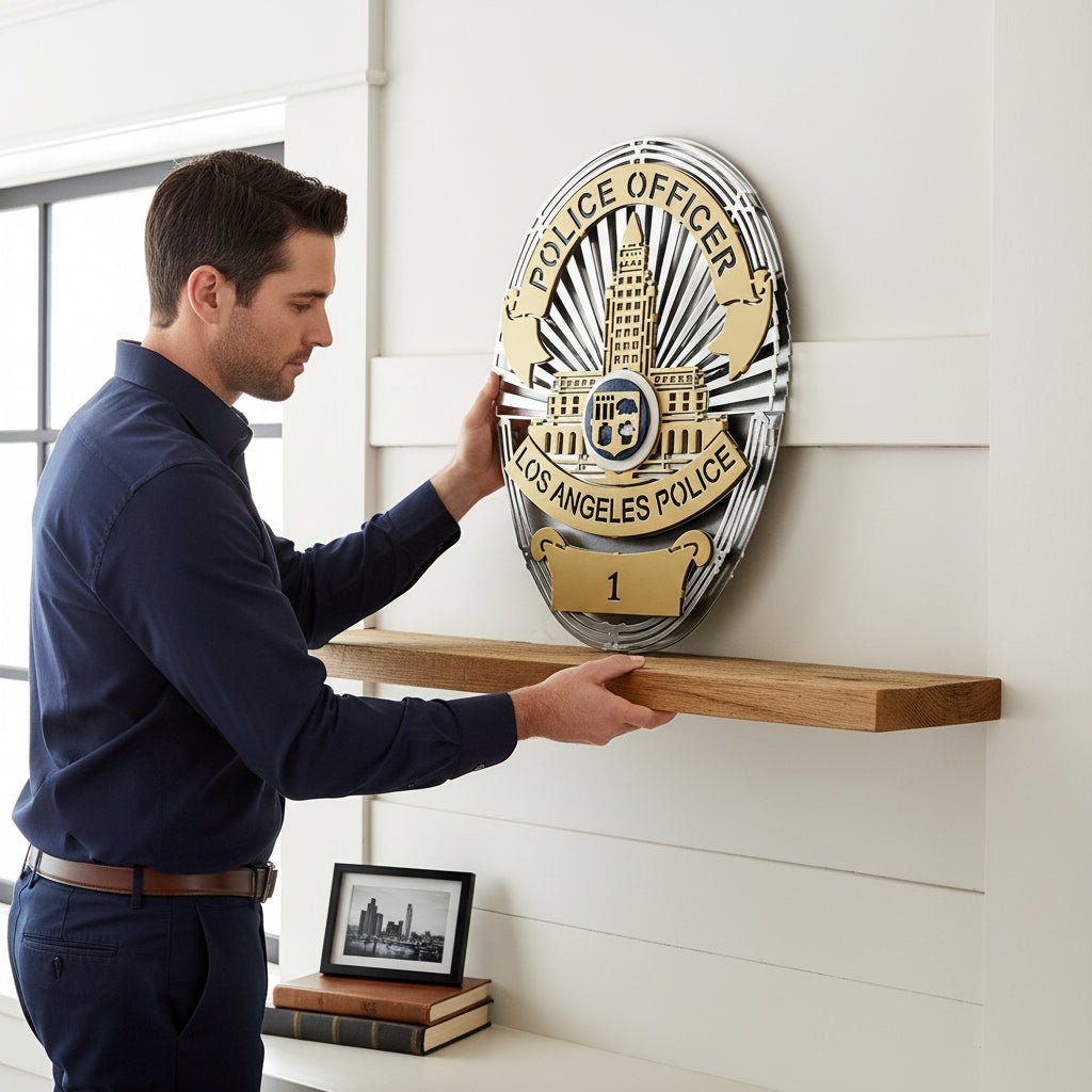Man arranging the police badge on a mantel, Los Angeles Police Department Badge by IRONiNK.
