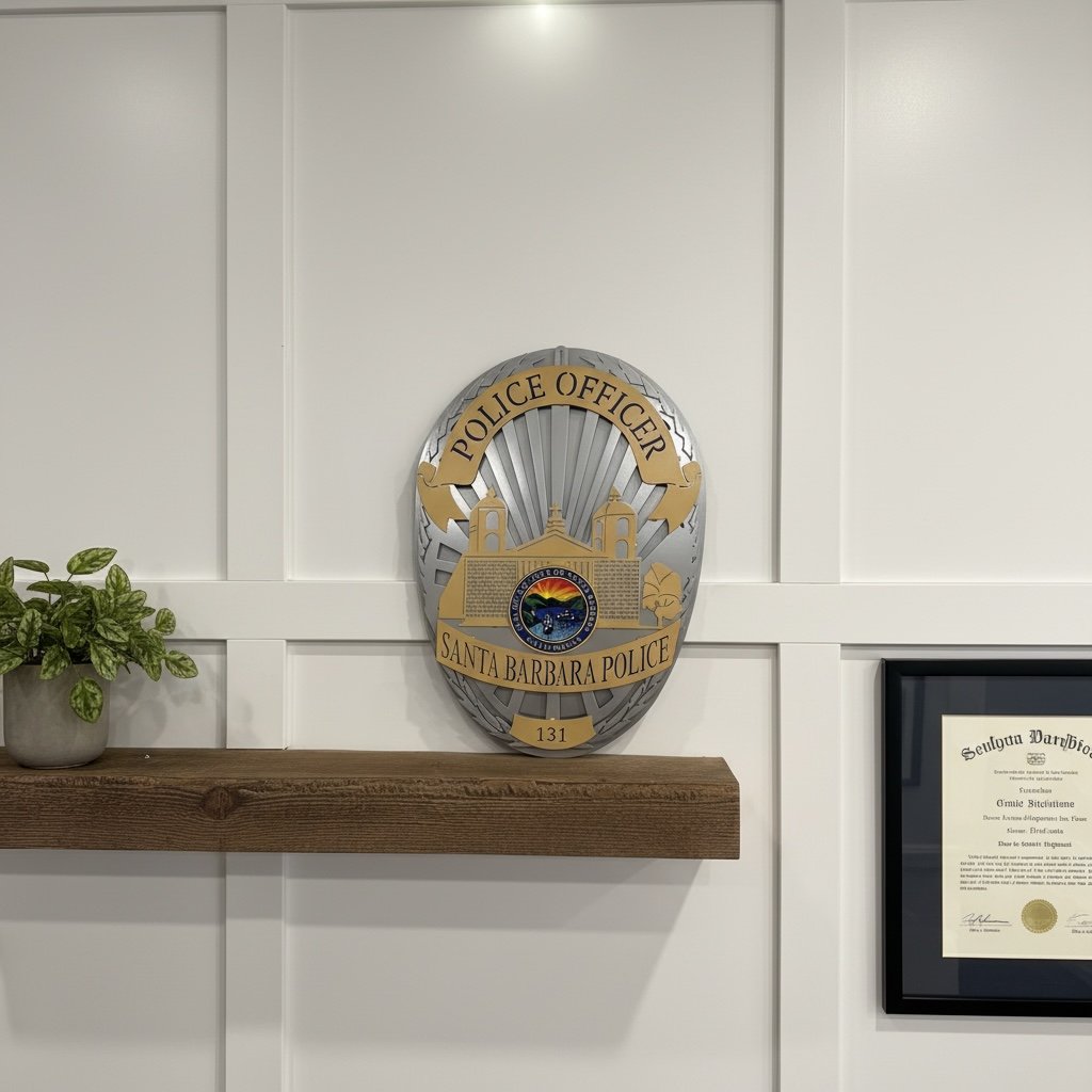 Badge displayed above a wooden mantel, Santa Barbara Police Department by IRONiNK.