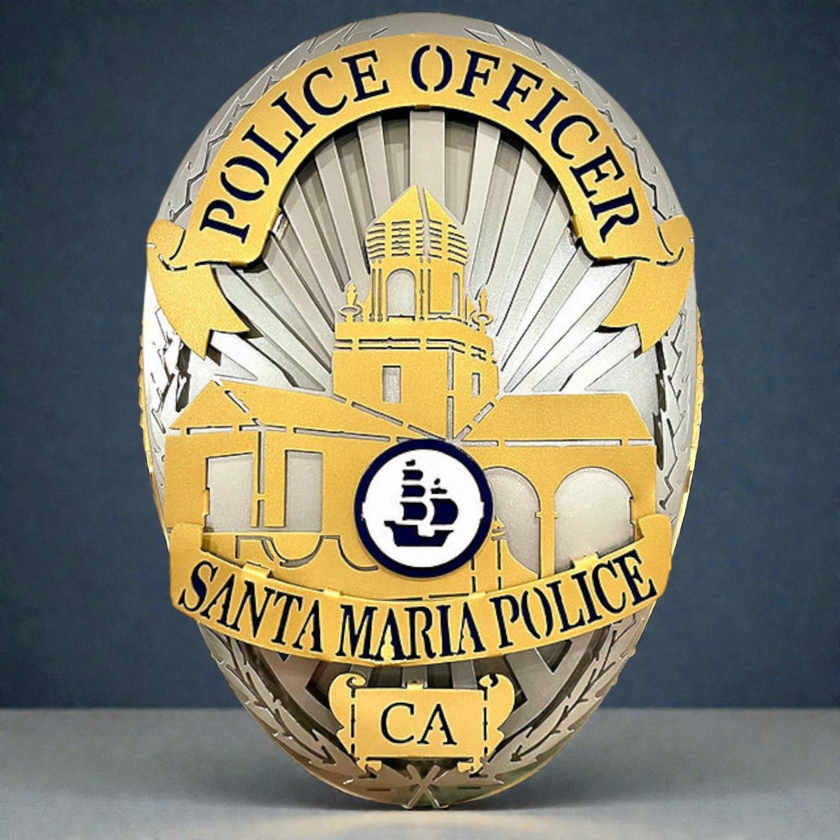 Front view of city building and police lettering, Santa Maria Police Badge by IRONiNK.