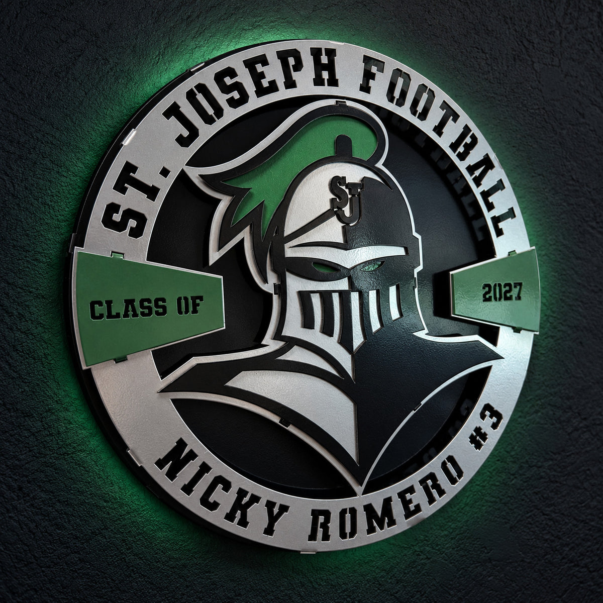 Detail of the Knight helmet, green plume and class banner on the St. Joseph display
