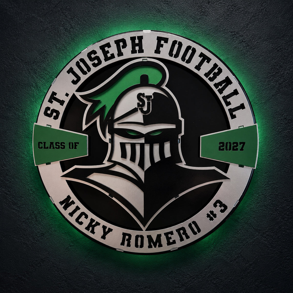 St. Joseph Knights display straight-on with personalized name ring and class year banner