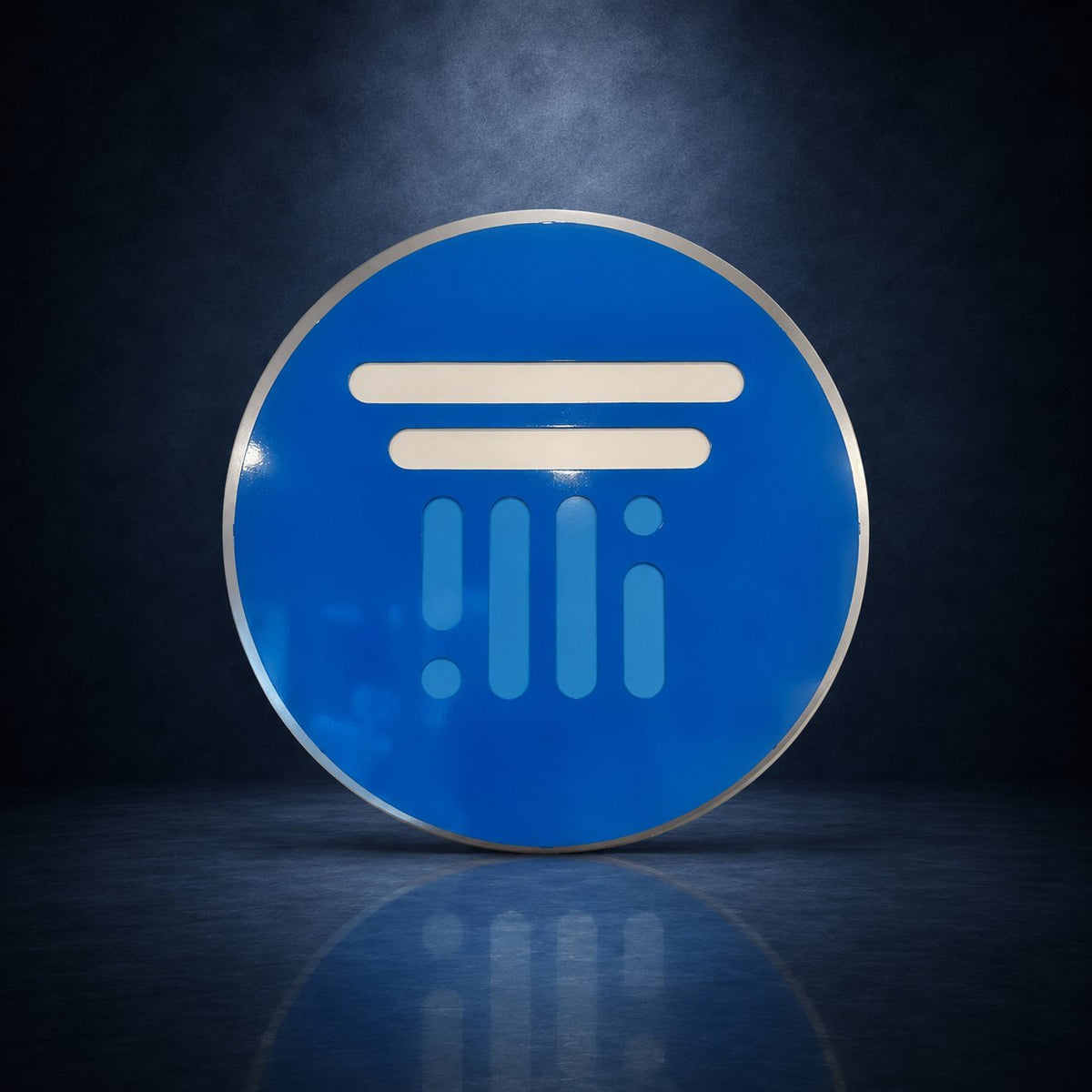 Blue logo sign against a dark blue studio background, Tranquility AI by IRONiNK.