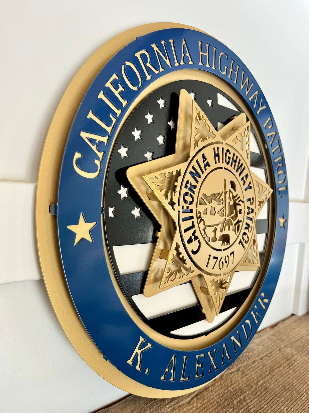 Tribute Sign: California Highway Patrol tribute with blue ring.