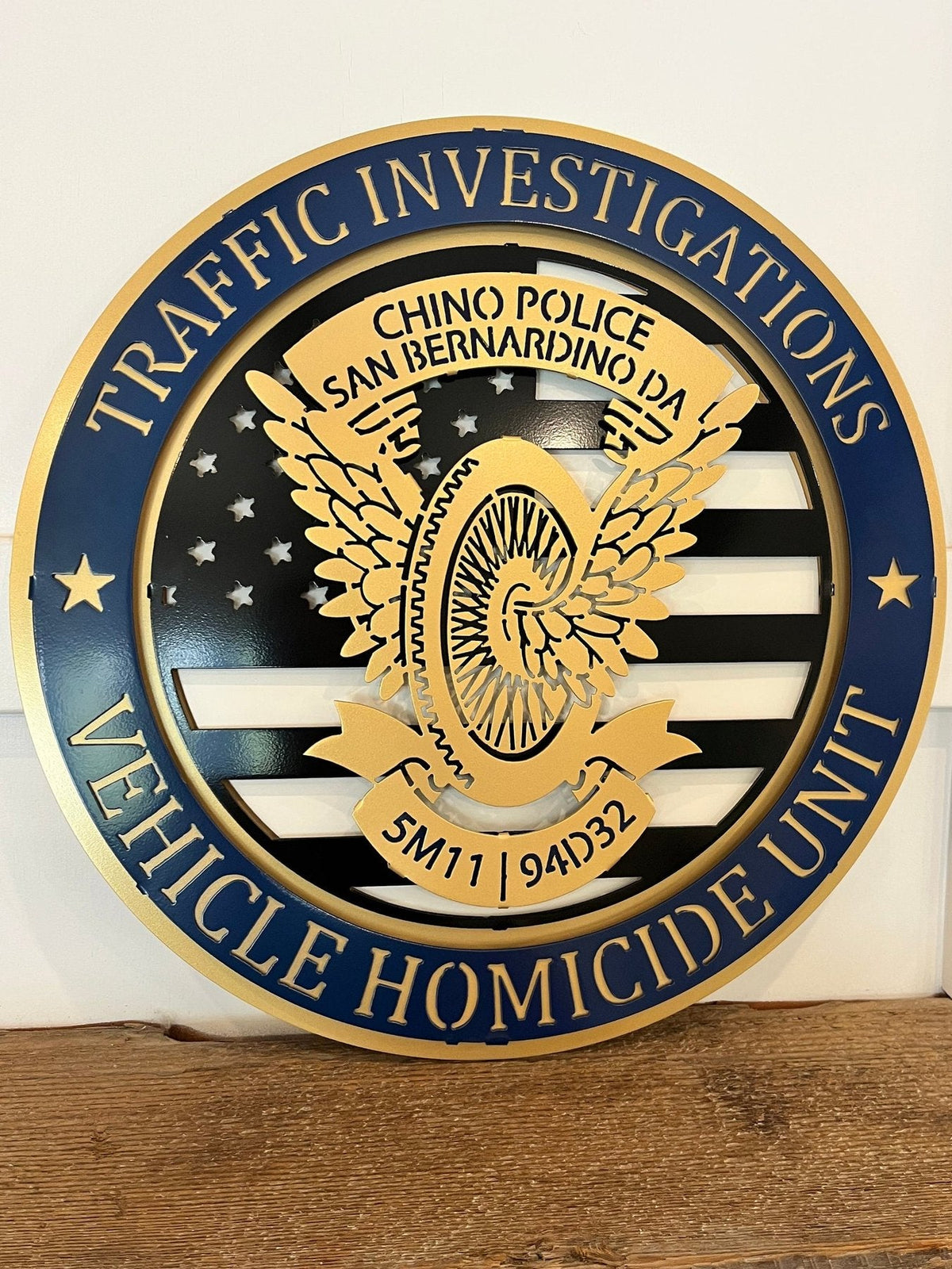 Tribute Sign: Chino traffic investigations tribute on a wooden shelf.